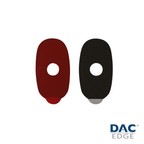 Deux formes ovales, une rouge et une noire, avec un trou blanc au centre, logo DAC EDGE.