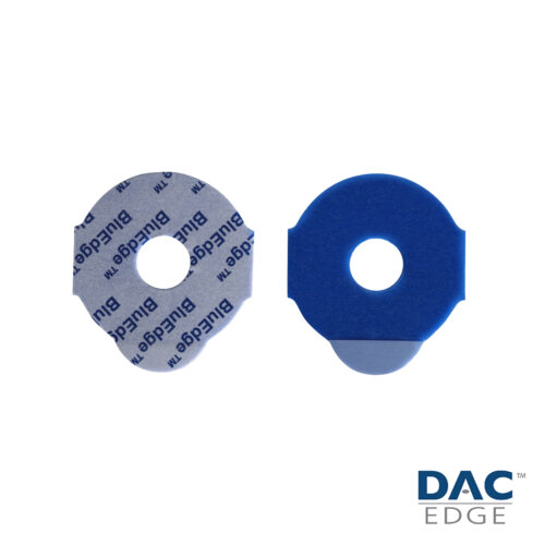 Twee ronde blauw-grijze filters met een gat in het midden, "DAC EDGE"-logo onderaan.